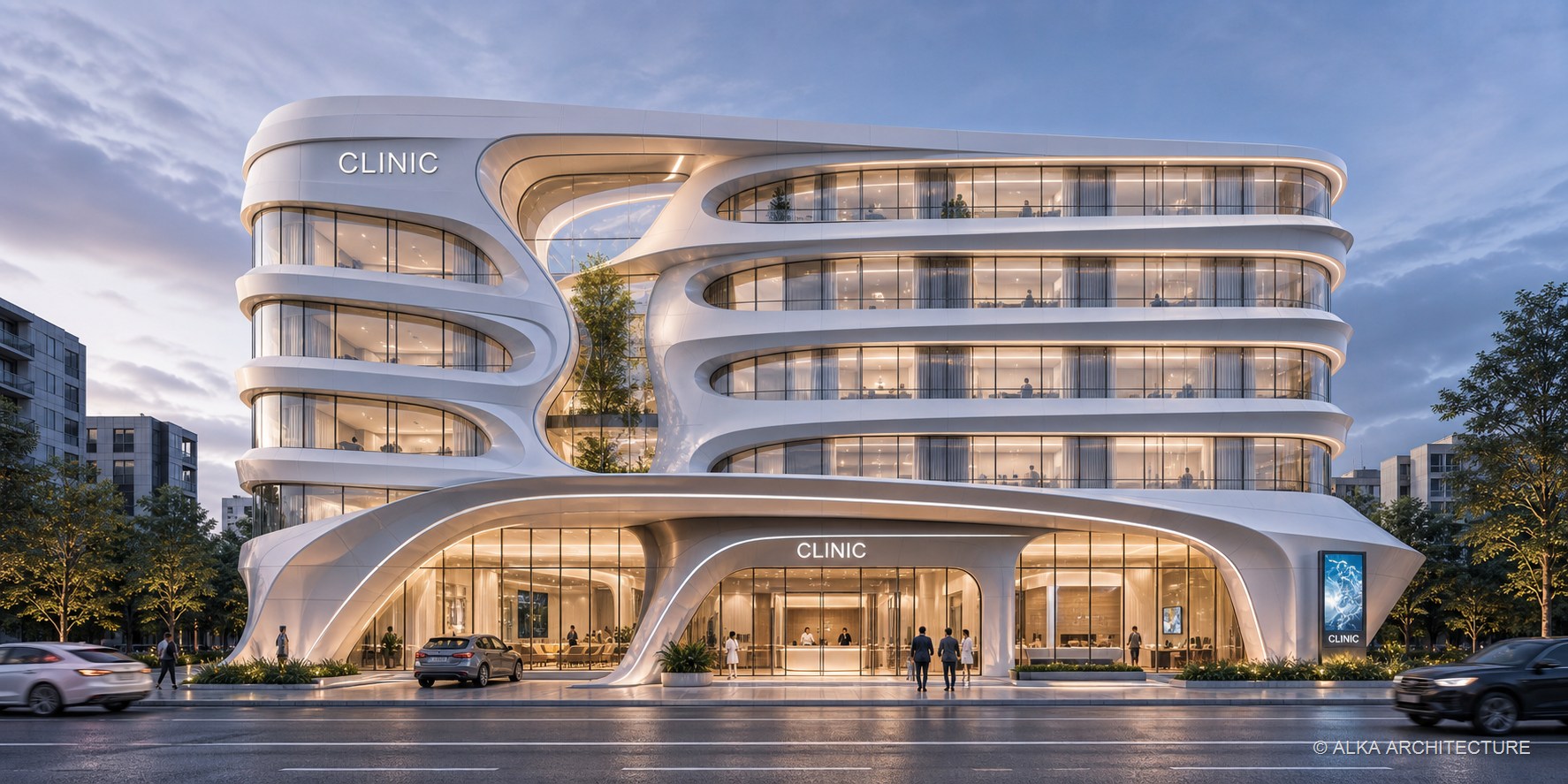 Lumina Medical Center — Riyad'da organik beyaz cepheli çağdaş sağlık yapısı, akışkan kat döşemeleri