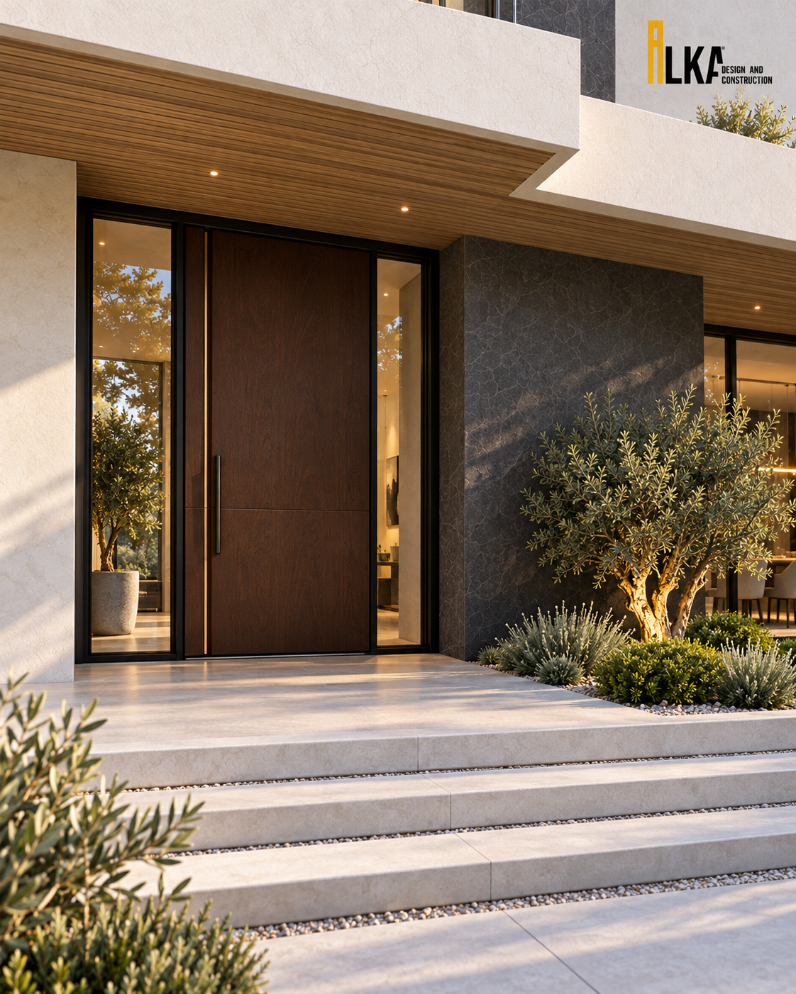 Villa Linea — جدار حجري داكن وباب خشبي
